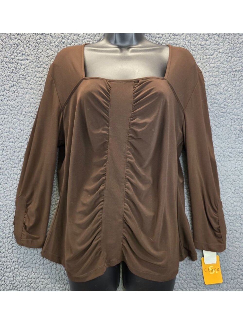Clara S. Feminine Blouse Plus Size 1X Brown Ruched Stretch Indie Whimsy Neutral